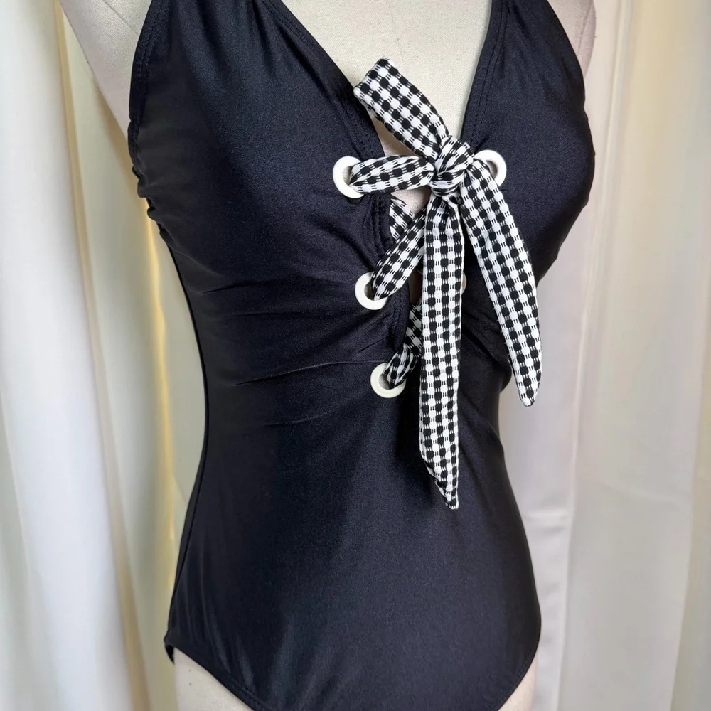 NWT Shoshanna Black One-Piece Checkered Gingham Lace-Up Bust Swimsuit Size 6